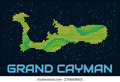 Grand Cayman hexagon dots map. Digital style shape of the island. Grand Cayman map and title. Tiny green colored hexagons, sparse blue dots at background. Vector Illustration.