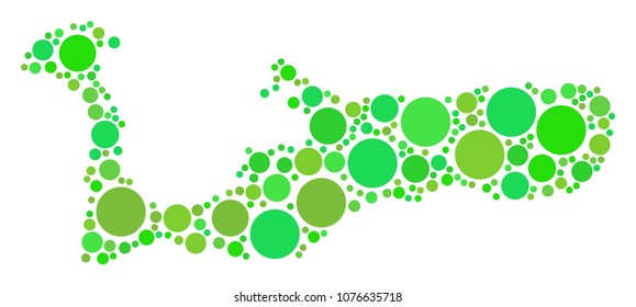 Grand Cayman Island Map collage of randomized circle elements in various sizes and ecological green color tinges. Vector small spheres are combined into Grand Cayman island map mosaic.