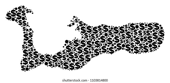 Grand Cayman Island map collage of dollar symbols and round dots in various sizes. Abstract vector monetary and GDP Grand Cayman Island map.