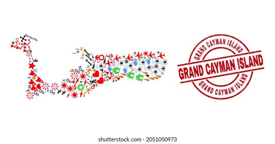 Grand Cayman Island map collage and rubber Grand Cayman Island red round seal. Grand Cayman Island stamp uses vector lines and arcs. Grand Cayman Island map collage includes helmets, homes, wrenches,