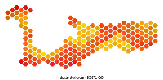 Grand Cayman Island map. Vector hex-tile territorial map drawn with hot color tints. Abstract Grand Cayman Island map collage is organized of orange hex tile dots.