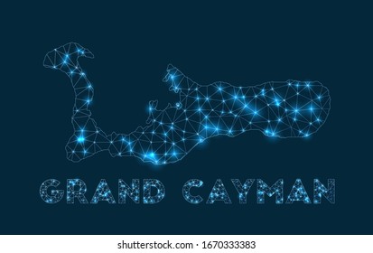 Mapa de la red en Gran Caimán. Mapa geométrico abstracto de la isla. Conexión a Internet y diseño de telecomunicaciones. Increíble ilustración vectorial.