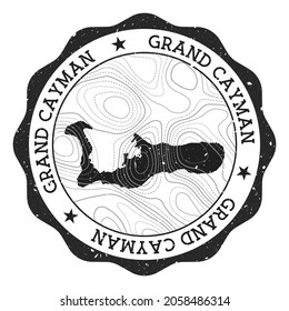 Grand Cayman outdoor stamp. Round sticker with map of island with topographic isolines. Vector illustration. Can be used as insignia, logotype, label, sticker or badge of the Grand Cayman.