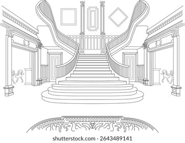 Grande clássico interior com varrer escada linha de arte, Detalhado preto e branco desenho de linha de um espaço interior luxuoso e grande com uma escada larga, varrer, colunas clássicas, e