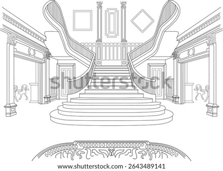 Grand Classic Interior with Sweeping Staircase Line Art, Detailed black and white line drawing of a luxurious and grand interior space featuring a wide, sweeping staircase, classical columns, and