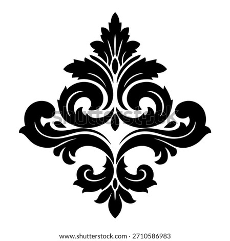 A grand classical vector illustration of an ornamental acanthus leaf design, a richly detailed damask motif silhouette.