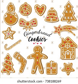 GRAND COLLECTION OF ISOLATED CHRISTMAS GINGERBREAD ON WHITE BACKGROUND. COOKIES. TRENDY HOMEMADE HOLIDAY DECORATION DESIGN. 