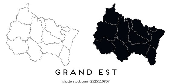 Grand Est map of regions districts vector black on white and outline