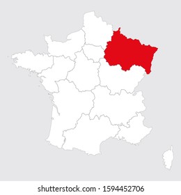 Grand Est province marked red on france map. Gray background.