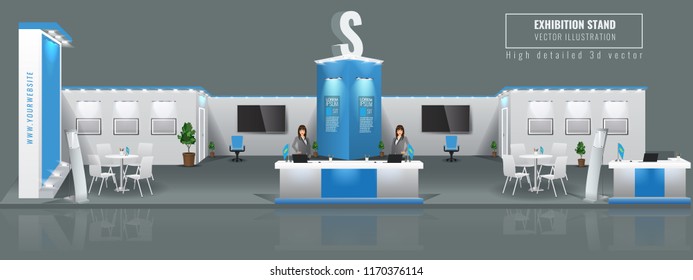 Grand Exhibition stand display mock up. High detailed 3d Vector illustration.