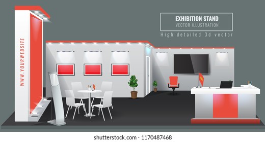 Grand Exhibition stand display mock up. High detailed 3d Vector illustration.