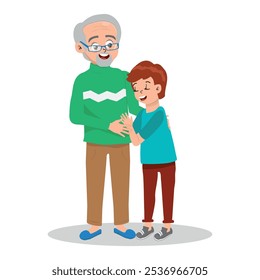 Grand father embracing grand son child. Kid embrace his granddad. Grandpa smiling with love hugging his laughing grandson. Generations and family relationship. Flat style vector illustration