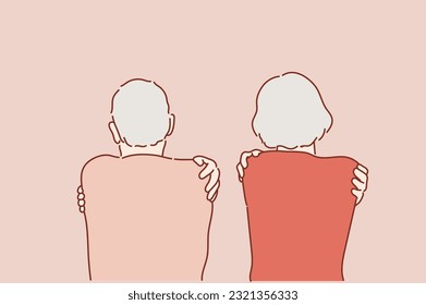 grand father and grand mother background hugging oneself happy and positive from backwards. Hand drawn style vector design illustrations.