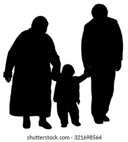 Grand Father And Grand Mother Walking With Baby Grand Son, Silhouette Vector