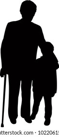 Grand Father And Grand Son Together, Silhouette Vector