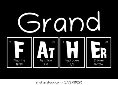 Grand Father Text as Periodic Table of Mendeleev Elements for printing on t-shirt, mug, any gift, for Father's day or GrandDad birthday, trendy concept for june holiday, pattern for gift, family look