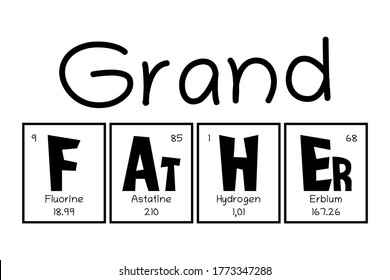 Grand Father Text as Periodic Table of Mendeleev Elements for printing on t-shirt, mug, any gift, for Father's day or GrandDad birthday, trendy concept for june holiday, pattern for gift, family look
