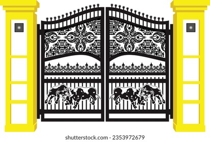 Grand gate vector design with one color traditional batik motif. Black and yellow.