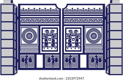 Grand gate vector design with one color traditional batik motif. Blue.