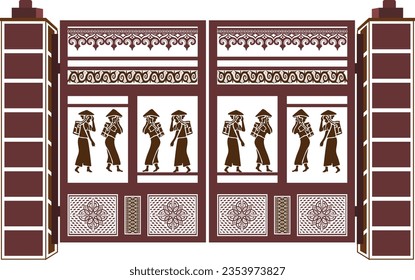 Diseño vectorial de portón grande con un motivo de batik tradicional de un color. Marrón.