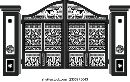 Grand gate vector design with one color traditional batik motif. Dark black.