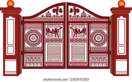 Grand gate vector design with one color traditional batik motif. Dark red.