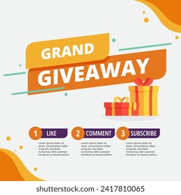 Grand giveaway-Vektorbanner, orangefarbene Farben mit Geschenkbox und Anleitung für den Eintritt, Posts in sozialen Medien für den Wettbewerb