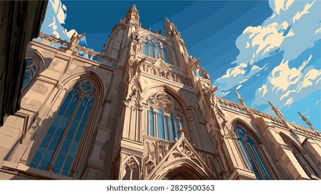 Grand Gothic Cathedral Architecture Reaching Blue Sky Illustration