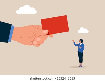Grand hand of businessman showing a red card to woman employee. Modern vector illustration in flat style. 