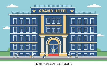 Grand Hotel building facade vector illustration with tiny traveler characters carrying luggage on the street.