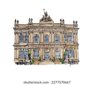 Grand hotel, Victorian building, steps, pillars, wedding venue. Watercolor sketch illustration. Isolated vector. svg