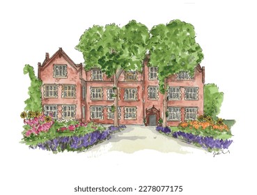 Grand house, country estate, red brick, flowers, wedding venue. Watercolor sketch illustration. Isolate vector.