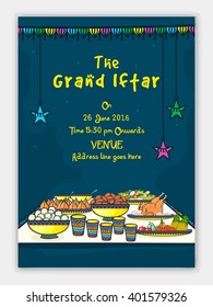 The Grand Iftar Invitation Card design with illustration of delicious food.