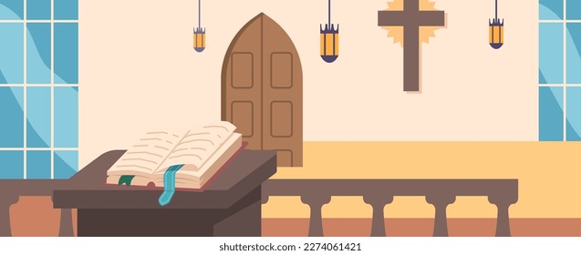 Grand Interior Of Catholic Church With Arched Glass Windows And Wooden Door, Cross On Wall, Lamps, Open Bible