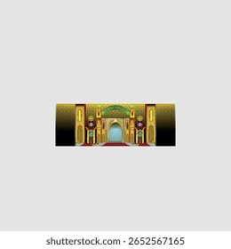 Cenário do palco islâmico grande com padrões intrincados e arco "Marhabah Tilawatil Alcorão". Evento pronto.