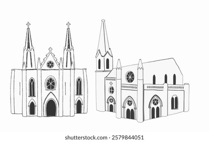 A grand ivory white cathedral Illustration with elegant gothic details, ideal for religious architecture, historic sites, and European cityscapes.