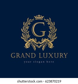 Grand Luxury logo. Grand Luxury royal professional vector classic logo template for any kind of business. Letter G logo template in laurel branches frame