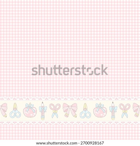 Grand millennial Coquette Gingham Seamless Pattern. Pastel Vintage Stationery Border with Bows Pencil and Scissors
