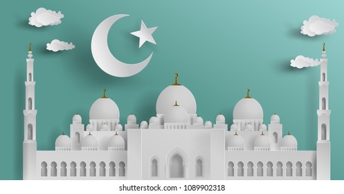 Grand Mosque in Abu Dhabi and Moon star cloud on Blue mint in paper cut style for ramadan Background