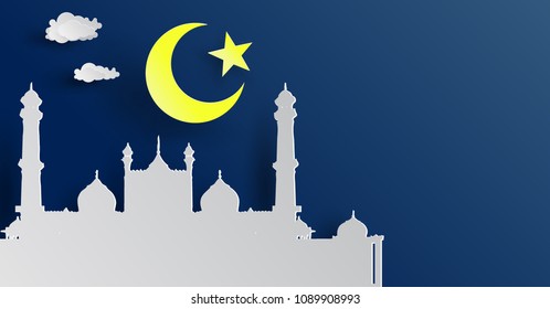 Grand Mosque in Abu Dhabi and Moon star cloud on Blue mint in paper cut style for ramadan Bcakground