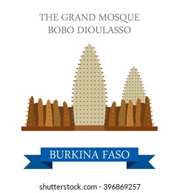 Grand Mosque Bobo Dioulasso in Burkina Faso. Flat cartoon style historic sight showplace attraction web site vector illustration. World countries cities vacation travel sightseeing Africa collection.