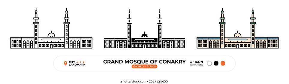Grand Mosque of Conakry Line Icon. Conakry, Guinea, Landmark, Silhouette, Color Vector, Editable Stroke.