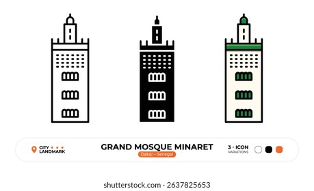 Grand Mosque Minaret Line Icon. Dakar, Senegal, Landmark, Silhouette, Color Vector, Editable Stroke.