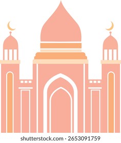 A grand mosque with peach domes and three minarets, ideal for festive Islamic events, rendered in soft flat vector design style.