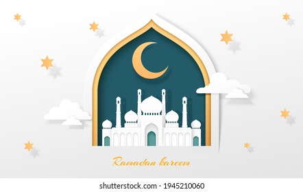 Grand mosque's door or window reveals the underneath green background with moon representing Ramadan Kareem. Papercut style greeting card