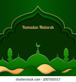 Grand mosque's door or window reveals the underneath green background with islamic pattern representing Ramadan Kareem. Papercut style greeting card