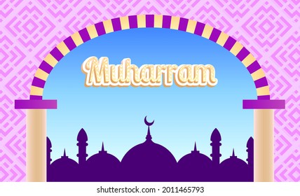 Grand mosque's door or window reveals the underneath green background with islamic pattern representing Ramadan Kareem. Papercut style greeting card