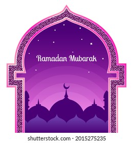Grand mosque's door or window reveals the underneath green background with islamic pattern representing Ramadan Kareem. Papercut style greeting card