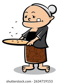 A Grand mother cartoon characters winnowing a rice with traditional tools. Best for sticker, logo, and mascot with traditional agriculture themes