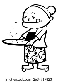 A Grand mother cartoon characters winnowing a rice with traditional tools. Best for outline, logo, and coloring book with traditional agriculture themes